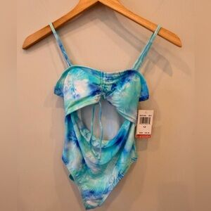 Hobie Girls One‎ Piece Swimsuit Blue Green Floral Cutout Adjustable Size 12 NWT